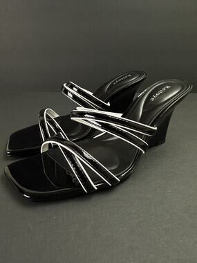 Reitoye Women’s 7.5 Wedge Sandals Black Patent Square Toe Heels New Box